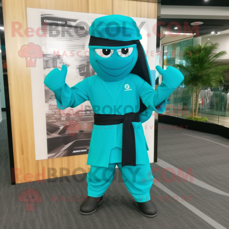 Turquoise Ninja mascot costume character dressed with a Dress Pants and Berets