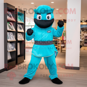 Turquoise Ninja mascot costume character dressed with a Dress Pants and Berets