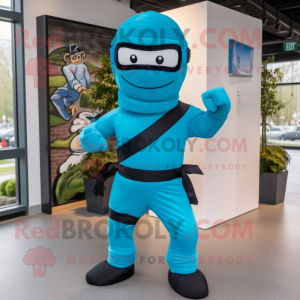 Turquoise Ninja mascot costume character dressed with a Dress Pants and Berets