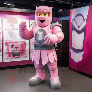 Pink Medieval Knight mascot costume character dressed with a Cargo Shorts and Rings