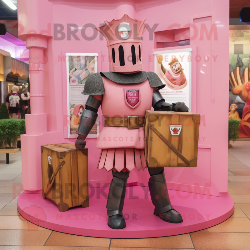 Pink Medieval Knight mascot costume character dressed with a Cargo Shorts and Rings