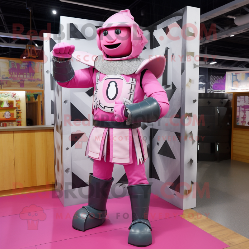 Pink Medieval Knight mascot costume character dressed with a Cargo Shorts and Rings Pink Medieval Knight mascot costume character dressed with a Cargo Shorts and Rings