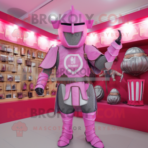 Pink Medieval Knight mascot costume character dressed with a Cargo Shorts and Rings