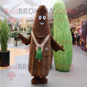 Brown Asparagus mascot costume character dressed with a Coat and Shawls