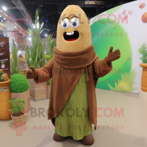 Brown Asparagus mascot costume character dressed with a Coat and Shawls