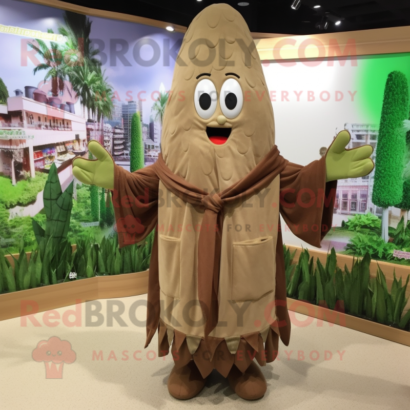 Brown Asparagus mascot costume character dressed with a Coat and Shawls