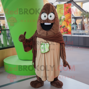 Brown Asparagus mascot costume character dressed with a Coat and Shawls