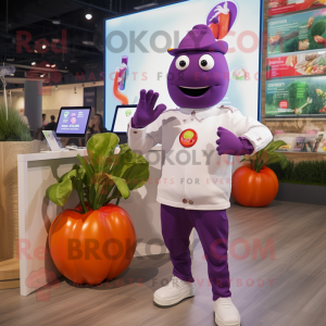 Purple Pepper mascot costume character dressed with a Poplin Shirt and Smartwatches