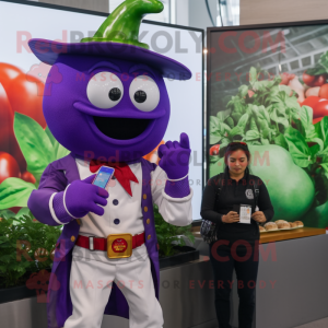 Purple Pepper mascot costume character dressed with a Poplin Shirt and Smartwatches