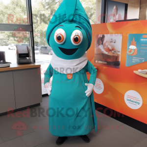 Teal Tikka Masala mascot costume character dressed with a A-Line Skirt and Beanies