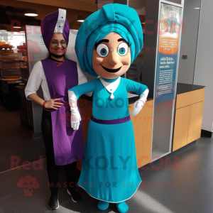 Teal Tikka Masala mascot costume character dressed with a A-Line Skirt and Beanies