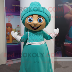 Teal Tikka Masala mascot costume character dressed with a A-Line Skirt and Beanies