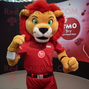 Red Tamer Lion mascot costume character dressed with a T-Shirt and Smartwatches