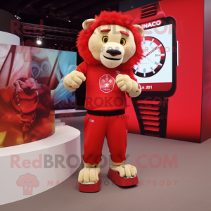 Red Tamer Lion mascot costume character dressed with a T-Shirt and Smartwatches