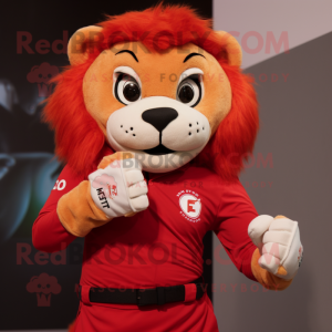 Red Tamer Lion mascot costume character dressed with a T-Shirt and Smartwatches