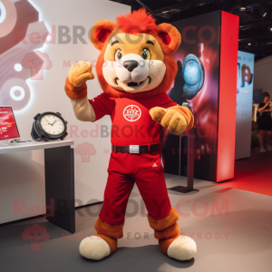 Red Tamer Lion mascot costume character dressed with a T-Shirt and Smartwatches