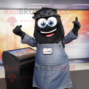 Black Lasagna mascot costume character dressed with a Denim Shirt and Shawls