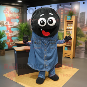 Black Lasagna mascot costume character dressed with a Denim Shirt and Shawls