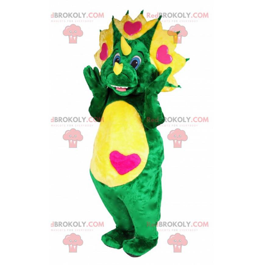 Mascote de dinossauro verde e amarelo com corações -