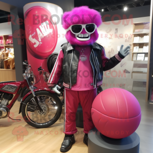 Magenta Basketball Ball mascot costume character dressed with a Biker Jacket and Brooches