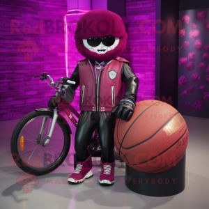 Magenta Basketball Ball mascot costume character dressed with a Biker Jacket and Brooches