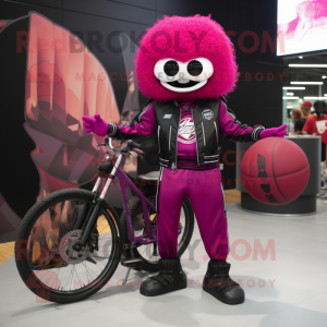 Magenta Basketball Ball mascot costume character dressed with a Biker Jacket and Brooches