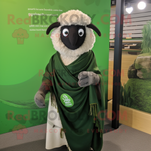 Olive Suffolk Sheep mascot costume character dressed with a Graphic Tee and Shawls