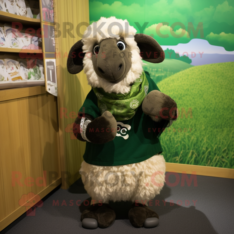 Olive Suffolk Sheep mascot costume character dressed with a Graphic Tee and Shawls