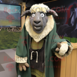 Olive Suffolk Sheep mascot costume character dressed with a Graphic Tee and Shawls