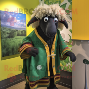 Olive Suffolk Sheep mascot costume character dressed with a Graphic Tee and Shawls