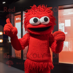 Red Spaghetti mascot costume character dressed with a Sweatshirt and Gloves