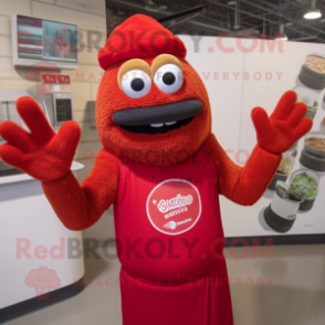 Red Spaghetti mascot costume character dressed with a Sweatshirt and Gloves