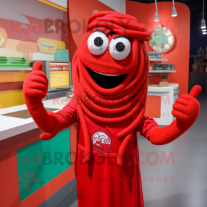 Red Spaghetti mascot costume character dressed with a Sweatshirt and Gloves