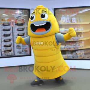 Gray Bottle Of Mustard mascot costume character dressed with a Shorts and Clutch bags