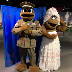 Brown American Soldier mascot costume character dressed with a Wedding Dress and Wraps