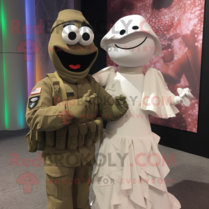 Brown American Soldier mascot costume character dressed with a Wedding Dress and Wraps