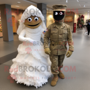 Brown American Soldier mascot costume character dressed with a Wedding Dress and Wraps