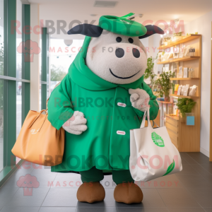 Green Beef Wellington mascot costume character dressed with a Coat and Tote bags