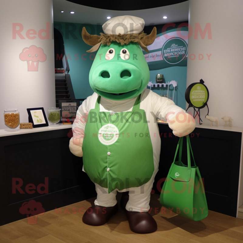 Green Beef Wellington mascot costume character dressed with a Coat and Tote bags Green Beef Wellington mascot costume character dressed with a Coat and Tote bags