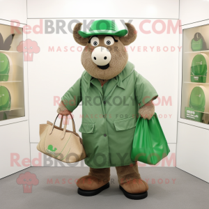 Green Beef Wellington mascot costume character dressed with a Coat and Tote bags