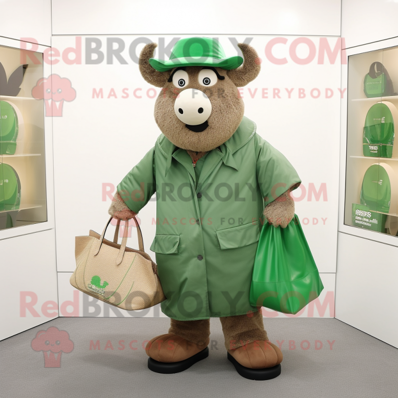 Green Beef Wellington mascot costume character dressed with a Coat and Tote bags Green Beef Wellington mascot costume character dressed with a Coat and Tote bags