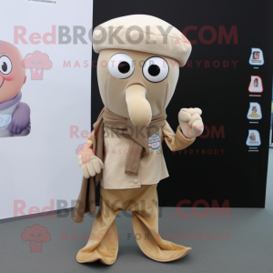 Beige Squid mascot costume character dressed with a Button-Up Shirt and Scarves