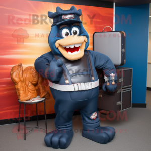 Navy Bbq Ribs mascot costume character dressed with a Jumpsuit and Briefcases