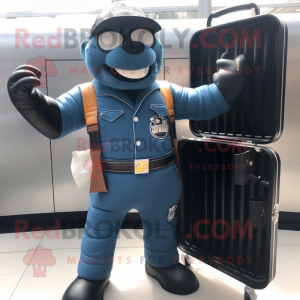 Navy Bbq Ribs mascot costume character dressed with a Jumpsuit and Briefcases