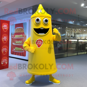 Lemon Yellow Bottle Of Ketchup mascot costume character dressed with a Playsuit and Cufflinks