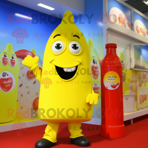 Lemon Yellow Bottle Of Ketchup mascot costume character dressed with a Playsuit and Cufflinks