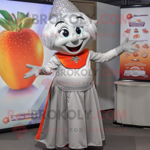 Silver Apricot mascot costume character dressed with a Dress and Bracelets
