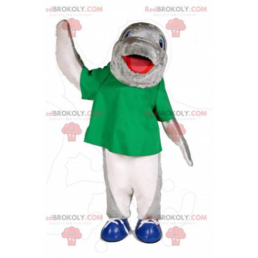 Gray and white dolphin mascot with a green t-shirt -