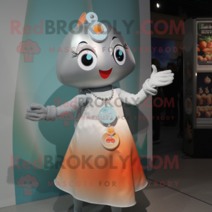 Silver Apricot mascot costume character dressed with a Dress and Bracelets