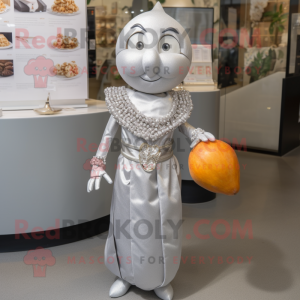 Silver Apricot mascot costume character dressed with a Dress and Bracelets